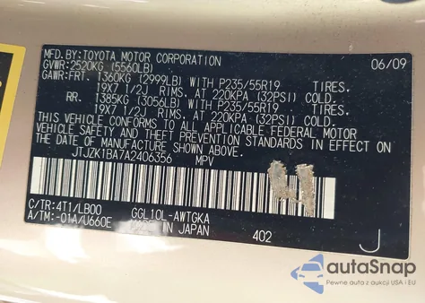 2010 Lexus Rx 350 from USA, damaged, VIN JTJZK1BA7A2406356
